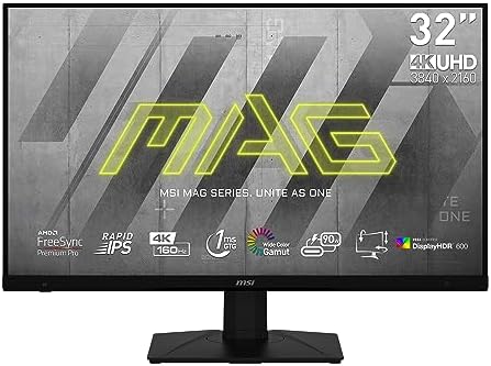 MAG323UPF 31.5Inch Rapid IPS 3840 x 2160 (UHD) FreeSync Premium Pro HDR 600 Metallic Black - RGB FreeSync Premium Pro HDR 600 non, Glare with narrow bezel 16:9 Yes 16:9 MAG323UPF 440cd / m2 1ms (GTG) 2 (v2.1) 1 (v1.4a) 1 (DP Alternative)(90W charging)...