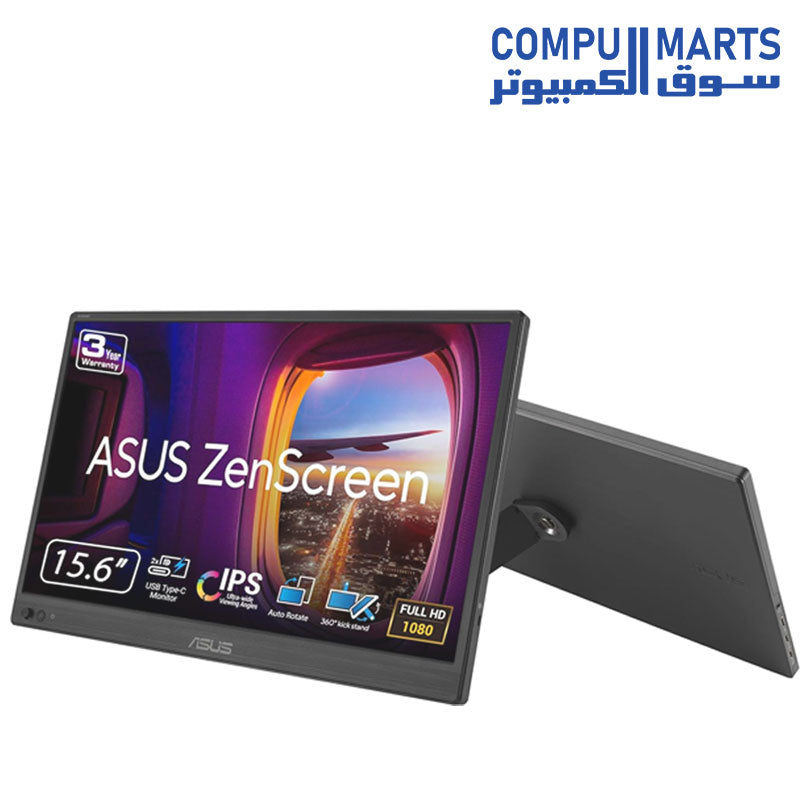 ASUS ZenScreen 16 Portable USB Monitor (MB169CK) - Full HD, IPS, Dual USB, C, Eye Care, Flicker Free, Blue Light Filter, Anti, glare surface, 360 Kickstand, 3 yr warranty