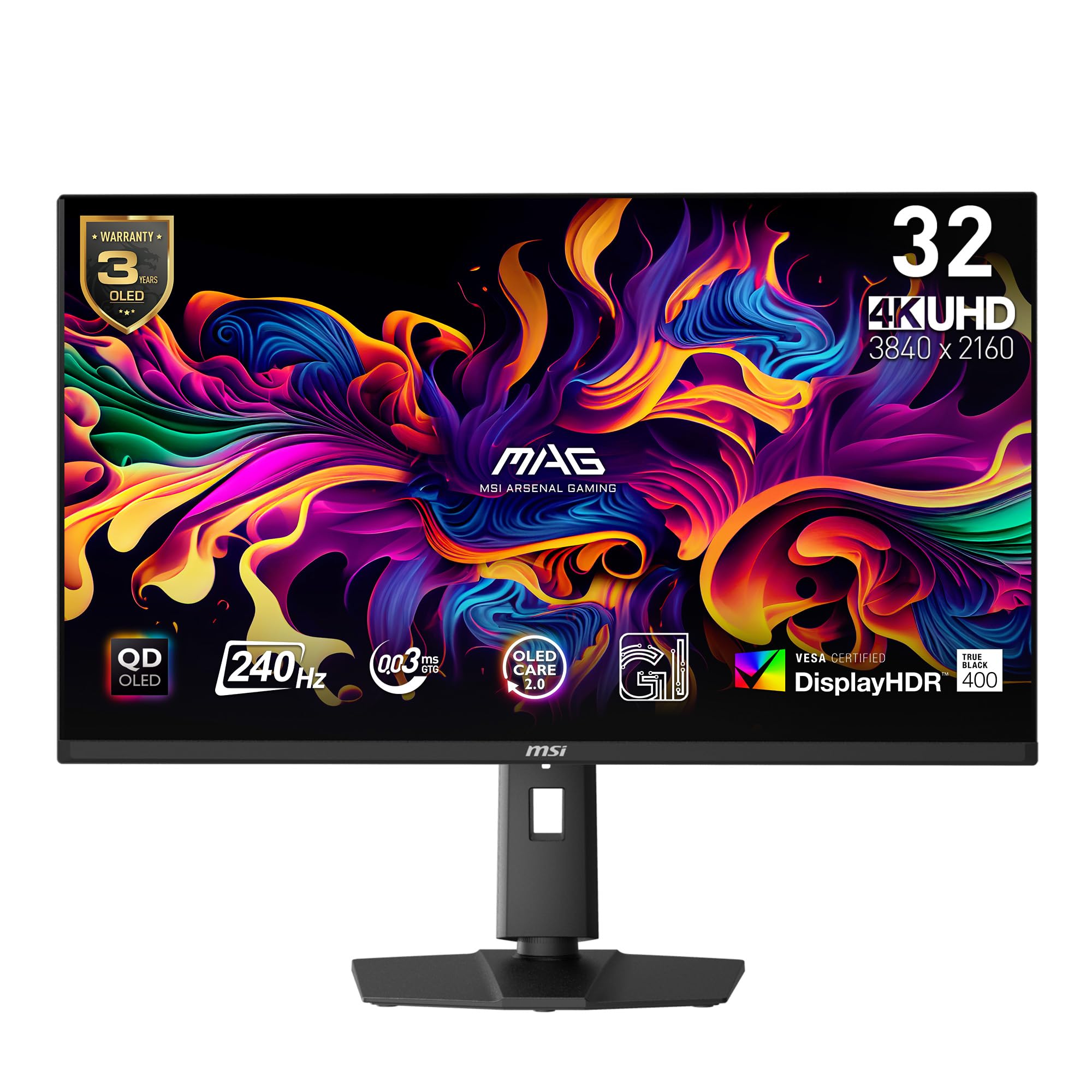 32Inch Metallic Black - OLED Panel; 3840x2160 UHD Resolution; Adaptive Sync; True Black HDR 400; 240Hz Refresh Rate; Tilt, Swivel, Height and Pivot Adjustable