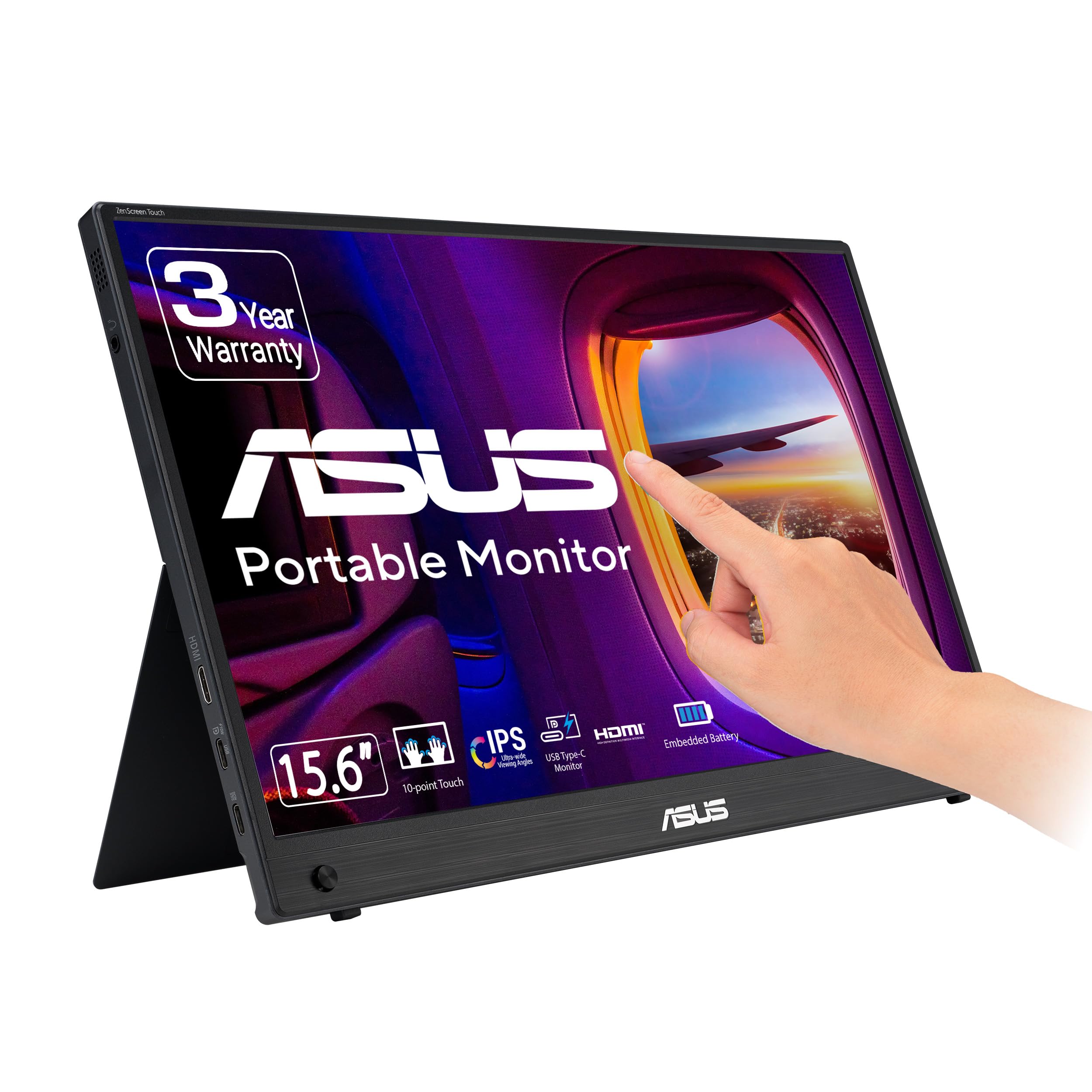 ASUS ZenScreen Touch 16Inch USB - C Portable monitor (MB16AMTR), Full HD, IPS, Built, in Battery, Kickstand, Tripod socket, Eye Care, Compatible with Laptops, Smartphones and Game Consoles, 3 yr warranty
