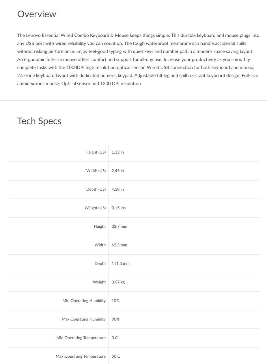Lenovo Essential Wired Combo Keyboard and Mouse (US English 103P)