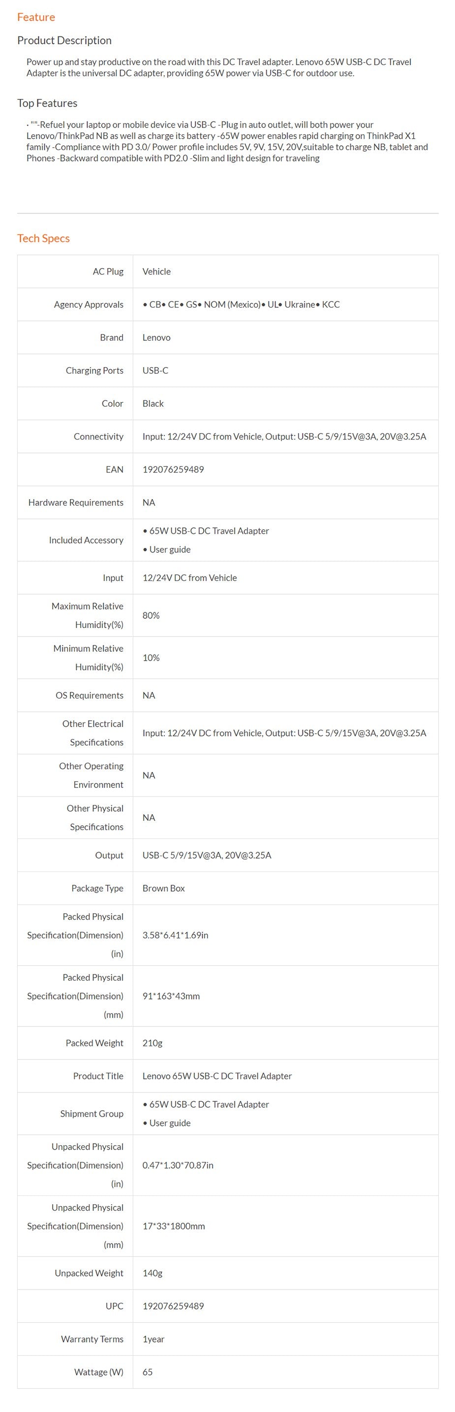 Lenovo 65W USB - C AC Travel Adapter