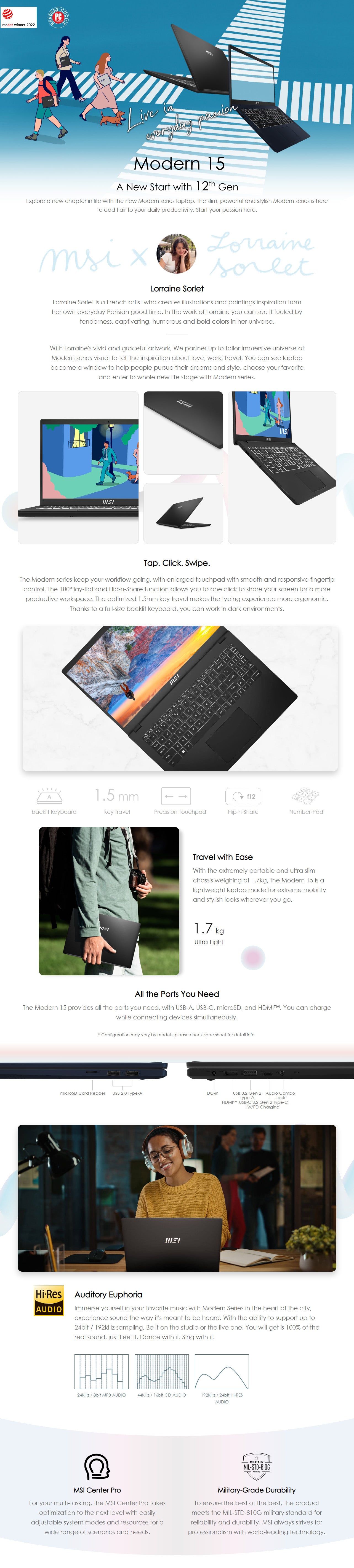 MSI Modern 15 15.6in Ultra Thin and Light Professional Laptop Intel Core i5-10210U UMA 8GB DDR4 256GB NVMe SSD Win10 Pro