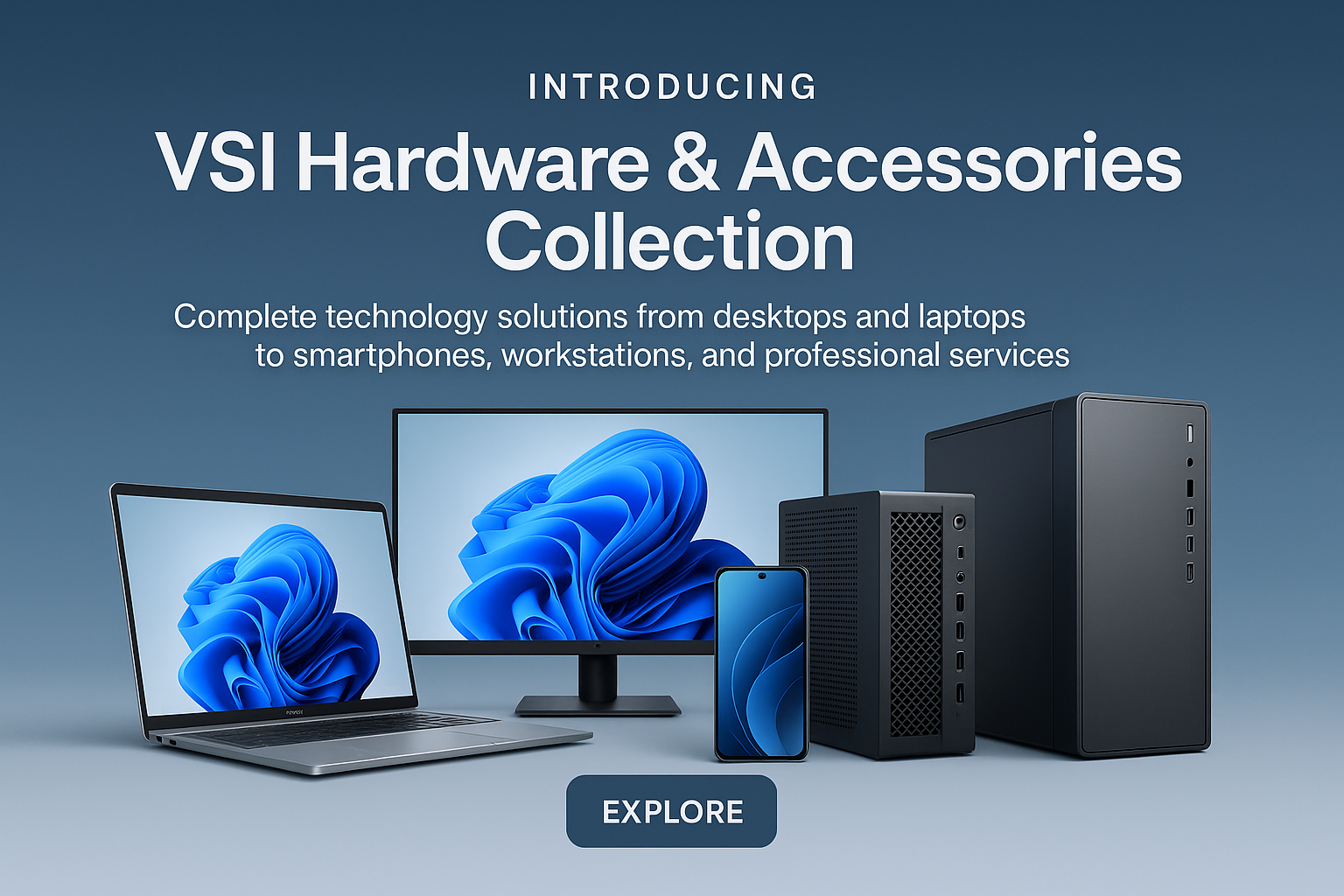 Heading: "Introducing VSI Hardware & Accessories Collection"
Subheading: "Complete technology solutions from desktops and laptops to smartphones, workstations, and professional services" Button: Explore