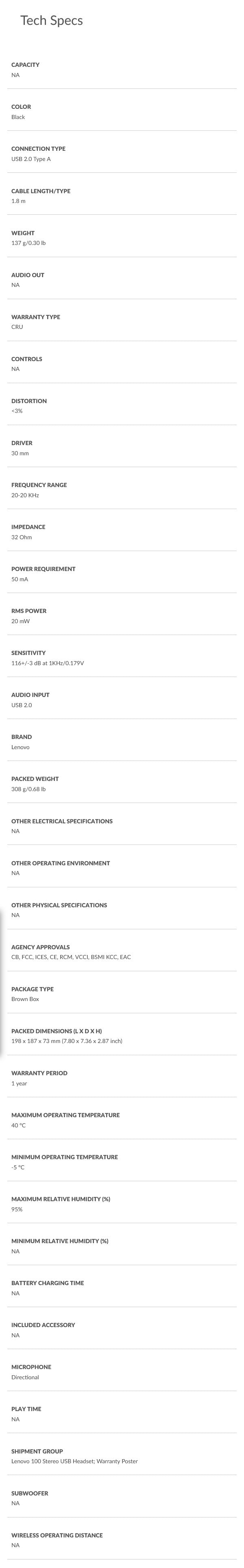 Lenovo 100 Stereo USB Headset