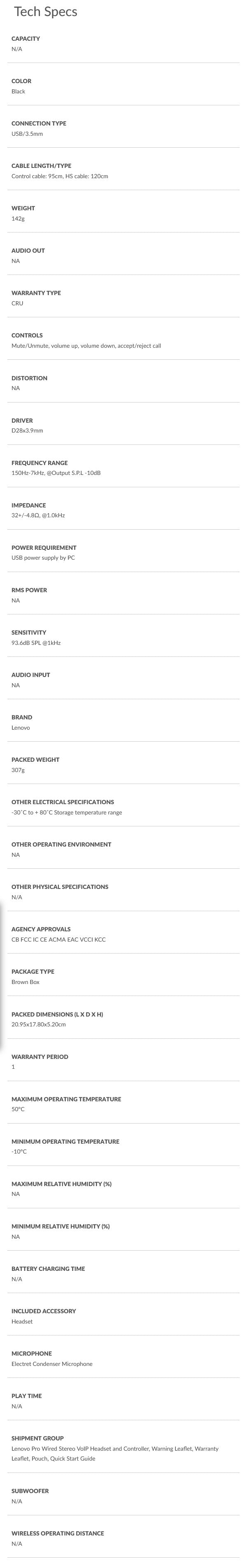 Lenovo Pro Wired Stereo VOIP Headset