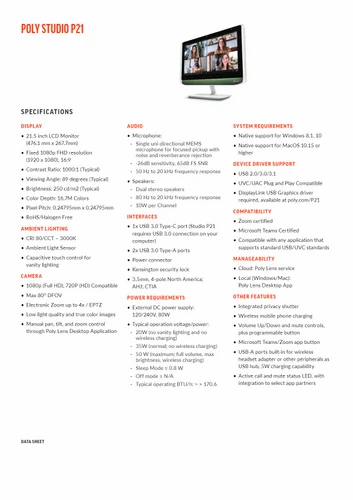 Poly Studio P21Personal Meeting 21Inch FHD Display