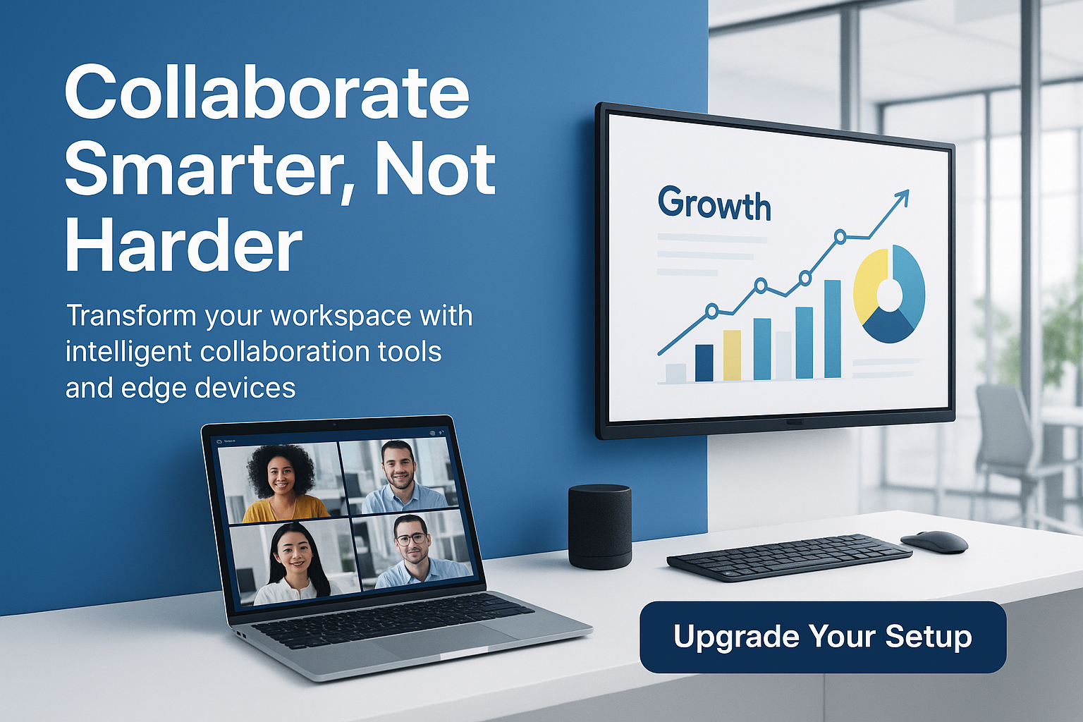 Title: "Collaborate Smarter, Not Harder"
Subtitle: "Transform your workspace with intelligent collaboration tools and edge devices"
Button: "Upgrade Your Setup"