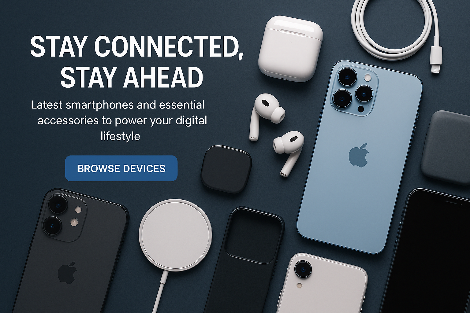 Title: "Stay Connected, Stay Ahead"
Subtitle: "Latest smartphones and essential accessories to power your digital lifestyle"
Button: "Browse Devices"