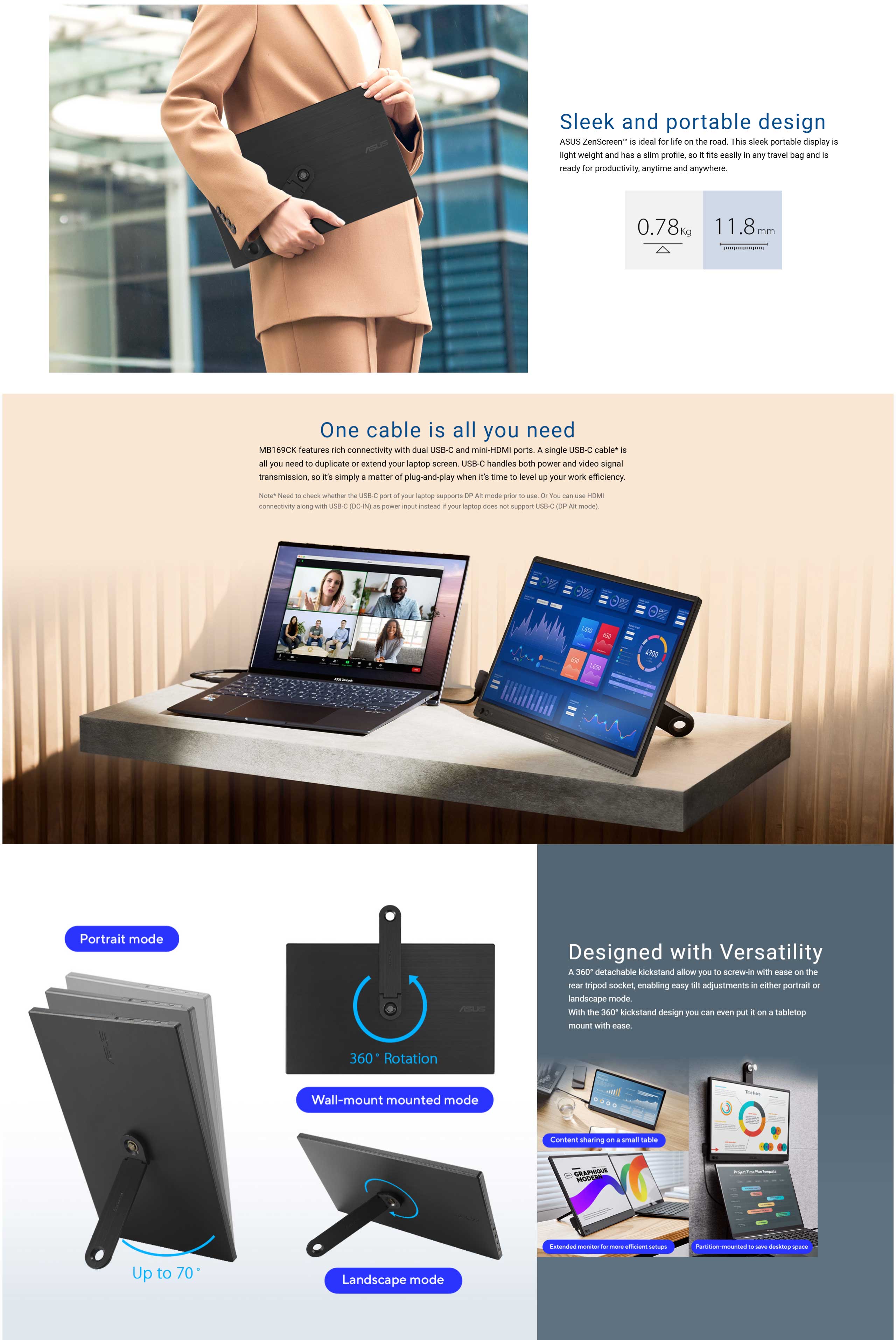 ASUS ZenScreen 16 Portable USB Monitor (MB169CK) - Full HD, IPS, Dual USB, C, Eye Care, Flicker Free, Blue Light Filter, Anti, glare surface, 360 Kickstand, 3 yr warranty